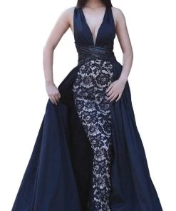 Tarik Ediz - 50434 Deep V-neck Lace Sheath Dress With Overskirt