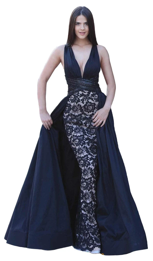 Tarik Ediz - 50434 Deep V-neck Lace Sheath Dress With Overskirt 3 Tarik Ediz - 50434 Deep V-neck Lace Sheath Dress With Overskirt