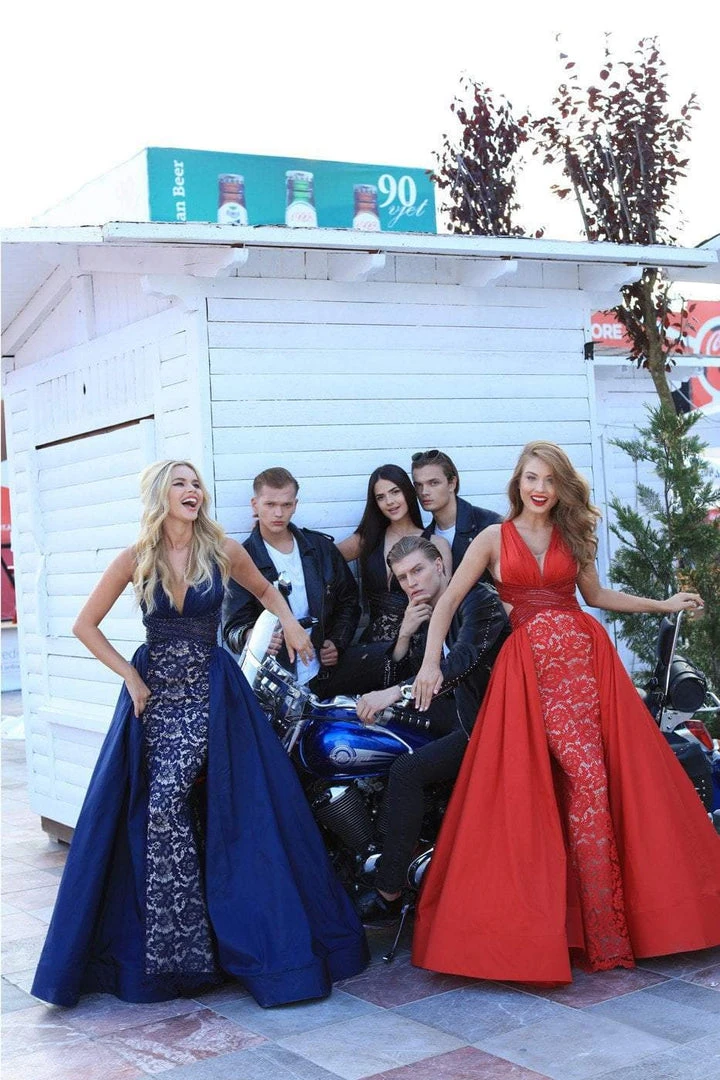 Tarik Ediz - 50434 Deep V-neck Lace Sheath Dress With Overskirt 7 Tarik Ediz - 50434 Deep V-neck Lace Sheath Dress With Overskirt