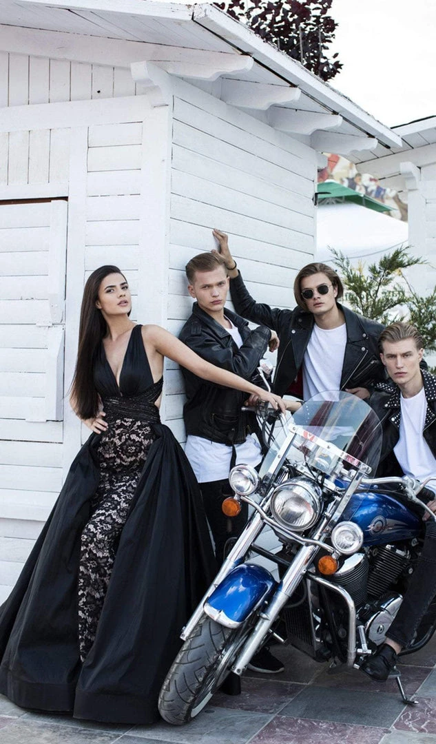 Tarik Ediz - 50434 Deep V-neck Lace Sheath Dress With Overskirt 5 Tarik Ediz - 50434 Deep V-neck Lace Sheath Dress With Overskirt