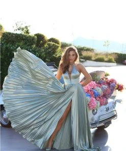 Formal Gowns Tarik Ediz - 50442 Pleated Plunging V-neck Gown With Slit