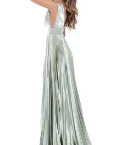 Tarik Ediz - 50443 Plunging V-neck Satin Pleated A-line Dress Formal Gowns