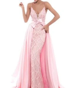 Tarik Ediz - 50452 Bedazzled Deep V-neck Dress With Overskirt