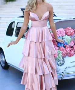 Formal Gowns Tarik Ediz - 50470 Plunging V-Neck Tiered A-Line Evening Gown