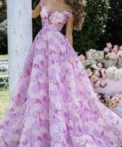 Tarik Ediz - 50491 Floral Lace Illusion Neck Ballgown Formal Gowns