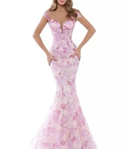 Formal Gowns Tarik Ediz - 50493 Floral Lace Cap Sleeve Mermaid Gown With Train