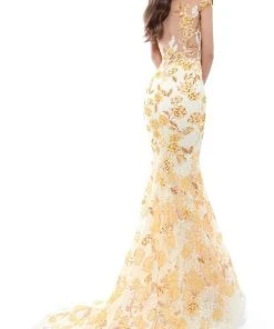 Formal Gowns Tarik Ediz - 50493 Floral Lace Cap Sleeve Mermaid Gown With Train