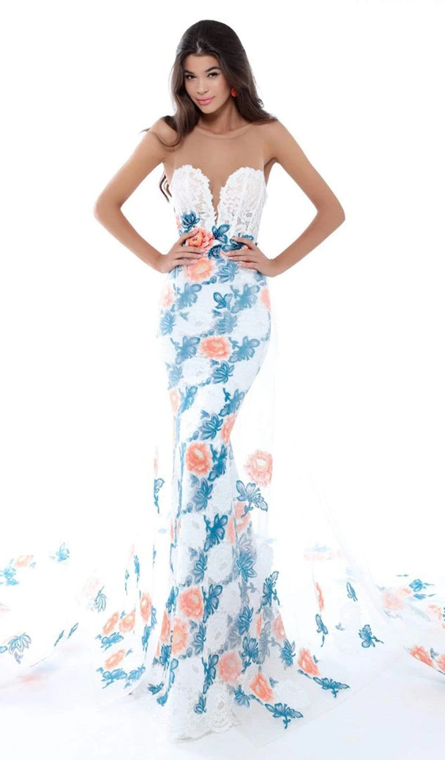 Tarik Ediz - 50494 Floral Patterned Mermaid Dress With Train Formal Gowns 3 Tarik Ediz - 50494 Floral Patterned Mermaid Dress With Train Formal Gowns