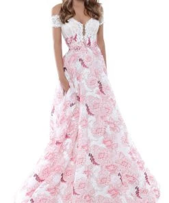 Formal Gowns Tarik Ediz - 50496 Floral Lace Plunging Off-Shoulder A-line Dress