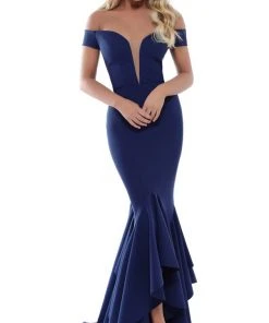 Formal Gowns Tarik Ediz - 50513 Plunging Off Shoulder High Low Mermaid Gown