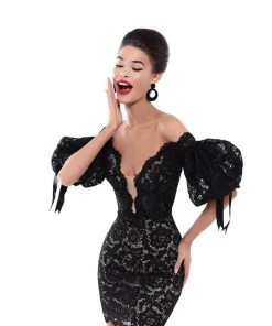 Tarik Ediz - 50533 Puffed Sleeve Off Shoulder Lace Sheath Dress Cocktail Dresses