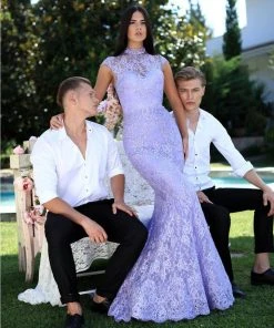 Tarik Ediz - 50553 Lace High Neck Mermaid Dress With Train Formal Gowns