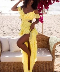 Tarik Ediz - 50622 Tiered Ruffles Dots Chiffon Cold Shoulder Dress Formal Gowns