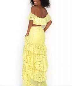 Tarik Ediz - 50623 Off-Shoulder Ruffles Dots Chiffon Two-Piece Dress