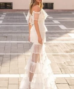 Formal Gowns Tarik Ediz - 50625 Cold Shoulders Tiered Ruffle Sheer Tulle Dress