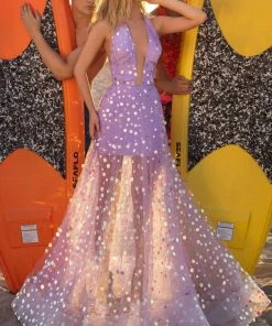 Tarik Ediz - 50627 Halter Neck Hologram Sequin Tulle Prom Dress