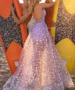 Tarik Ediz - 50627 Halter Neck Hologram Sequin Tulle Prom Dress