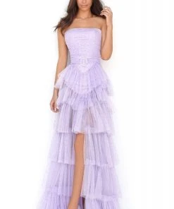 Formal Gowns Tarik Ediz - 50631 Stone Studded Shirr-Tiered High Slit Gown