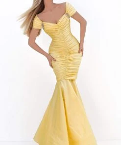 Formal Gowns Tarik Ediz - 50656 Short Sleeve Shirred Taffeta Trumpet Gown