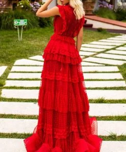 Tarik Ediz - 50658 Cap Sleeve Ruffle-Trimmed Tiered A-Line Gown