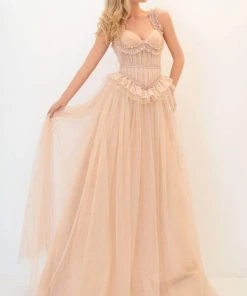 Tarik Ediz - 50664 Ruffled Lace Trimmed A-Line Gown