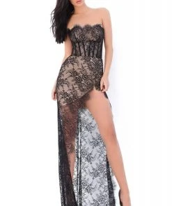 Formal Gowns Tarik Ediz - 50673 Long Sleeve Fishnet Draped Lace Gown