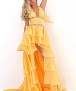 Formal Gowns Tarik Ediz - 50676 Embellished Halter V-neck High Low A-line Dress