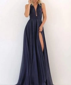 Tarik Ediz - 50678 Shirred Plunging Halter Chiffon A-Line Gown