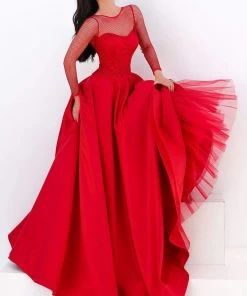 Formal Gowns Tarik Ediz - 50679 Net Long Sleeve Pleated Ballgown 9 Formal Gowns Tarik Ediz - 50679 Net Long Sleeve Pleated Ballgown