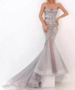 Tarik Ediz - 50687 Strapless Beaded Scallop Motif Long Gown