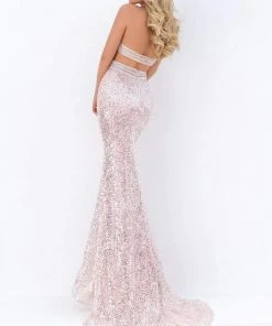 Tarik Ediz - 50712 Sequined Deep Halter V-neck Trumpet Dress