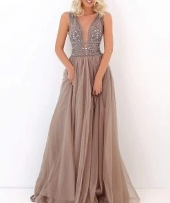 Tarik Ediz - 50740 Sexy V-Neck Bejeweled A-Line Dress