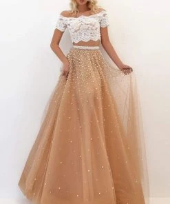 Tarik Ediz - 50743 Off Shoulder Lace Peal Beaded Two-Piece Prom Dress Formal Gowns