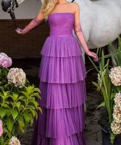 Formal Gowns Tarik Ediz - 50768 Strapless Straight Neck Tiered A-line Dress