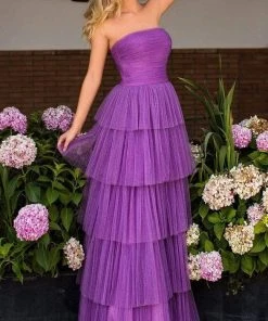 Formal Gowns Tarik Ediz - 50768 Strapless Straight Neck Tiered A-line Dress