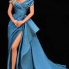 Formal Gowns Tarik Ediz - 51121 Ruched Off-shoulder With High Slit Long Gown - 1 Pc County Blue In Size 14 Available