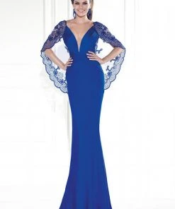 Tarik Ediz 92583 Fitted Embellished V-Neck Cape Gown - 1 Pc Powder In Size 4 Available Formal Gowns