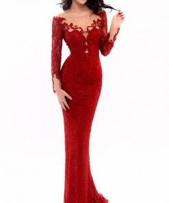 Tarik Ediz - 93334 Illusion Neckline Lace Embellished Evening Gown