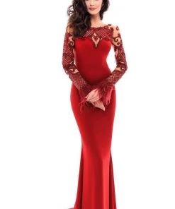 Tarik Ediz - 93337 Long Sleeved Embellished Crepe Gown