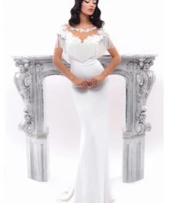 Formal Gowns Tarik Ediz - 93345 Floral Applique Fringe Cape Sheath Dress