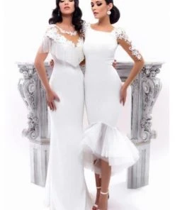 Formal Gowns Tarik Ediz - 93345 Floral Applique Fringe Cape Sheath Dress