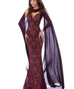 Formal Gowns Tarik Ediz - 93435 Lace V-neck Sheath Dress With Shawl