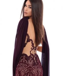 Formal Gowns Tarik Ediz - 93435 Lace V-neck Sheath Dress With Shawl