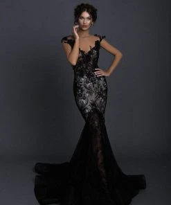 Tarik Ediz - 93602 Floral Embroidered Mermaid Dress With Train