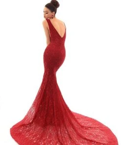 Tarik Ediz - 93620 Sleeveless V Neck Lace Mermaid Gown Formal Gowns