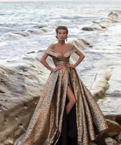 Tarik Ediz - 93621 Off-Shoulder Jacquard Sheath Gown With Overskirt