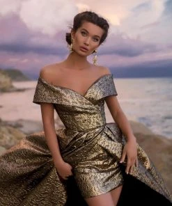 Tarik Ediz - 93621 Off-Shoulder Jacquard Sheath Gown With Overskirt