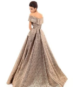 Tarik Ediz - 93621 Off-Shoulder Jacquard Sheath Gown With Overskirt