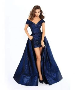 Tarik Ediz - 93621 Off-Shoulder Jacquard Sheath Gown With Overskirt