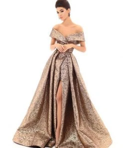 Tarik Ediz - 93621 Off-Shoulder Jacquard Sheath Gown With Overskirt